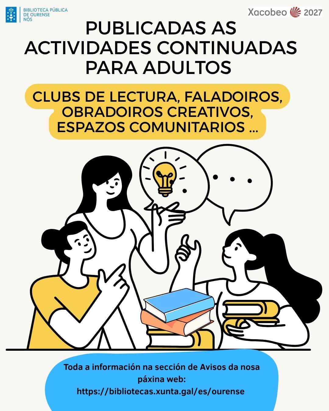 cartel anunciandoa publicación das actividades continuadas para adultos na biblioteca