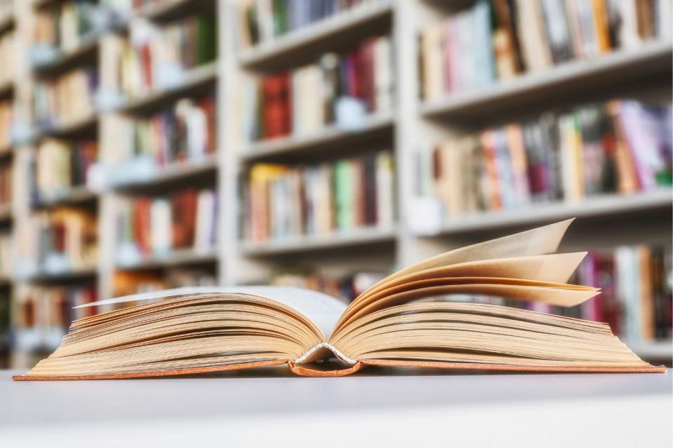 Libro aberto e estanterías