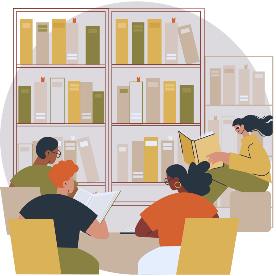 Ilustración de persoas nunha biblioteca