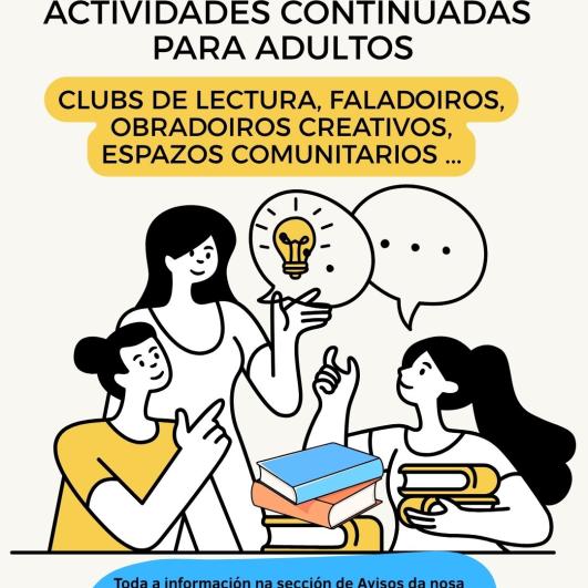 cartel anunciandoa publicación das actividades continuadas para adultos na biblioteca